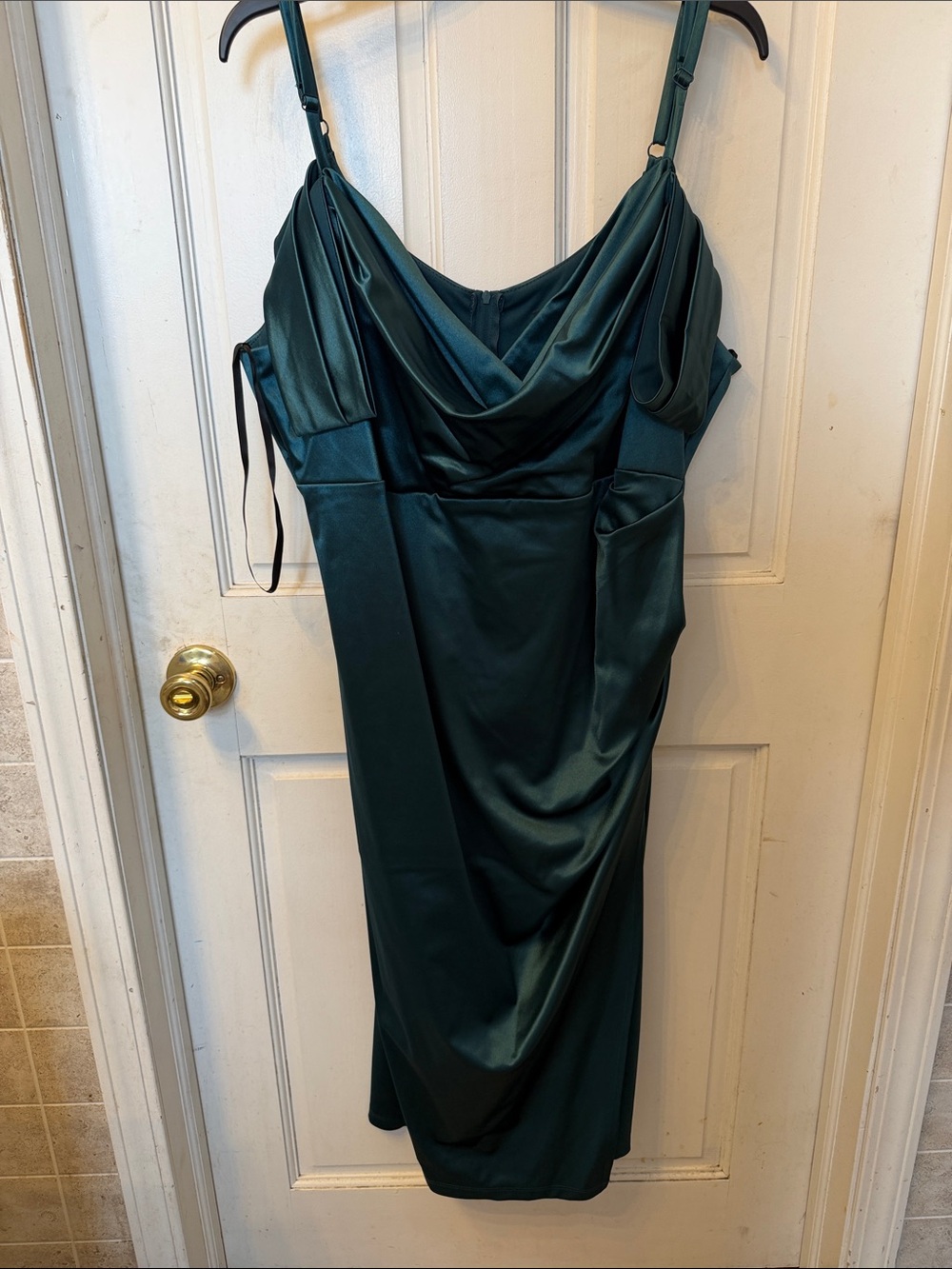 B Darlin Satin Cowl Neck Dress in Teal Green